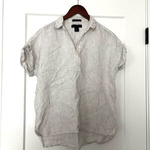 Tahari 100% Linen Top Black and White Striped Short Sleeve V-Neck Popover Blouse